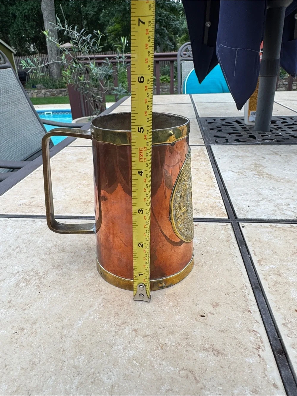 Copper and Brass Decorative Tankard with Aztec /Mayan Medallion